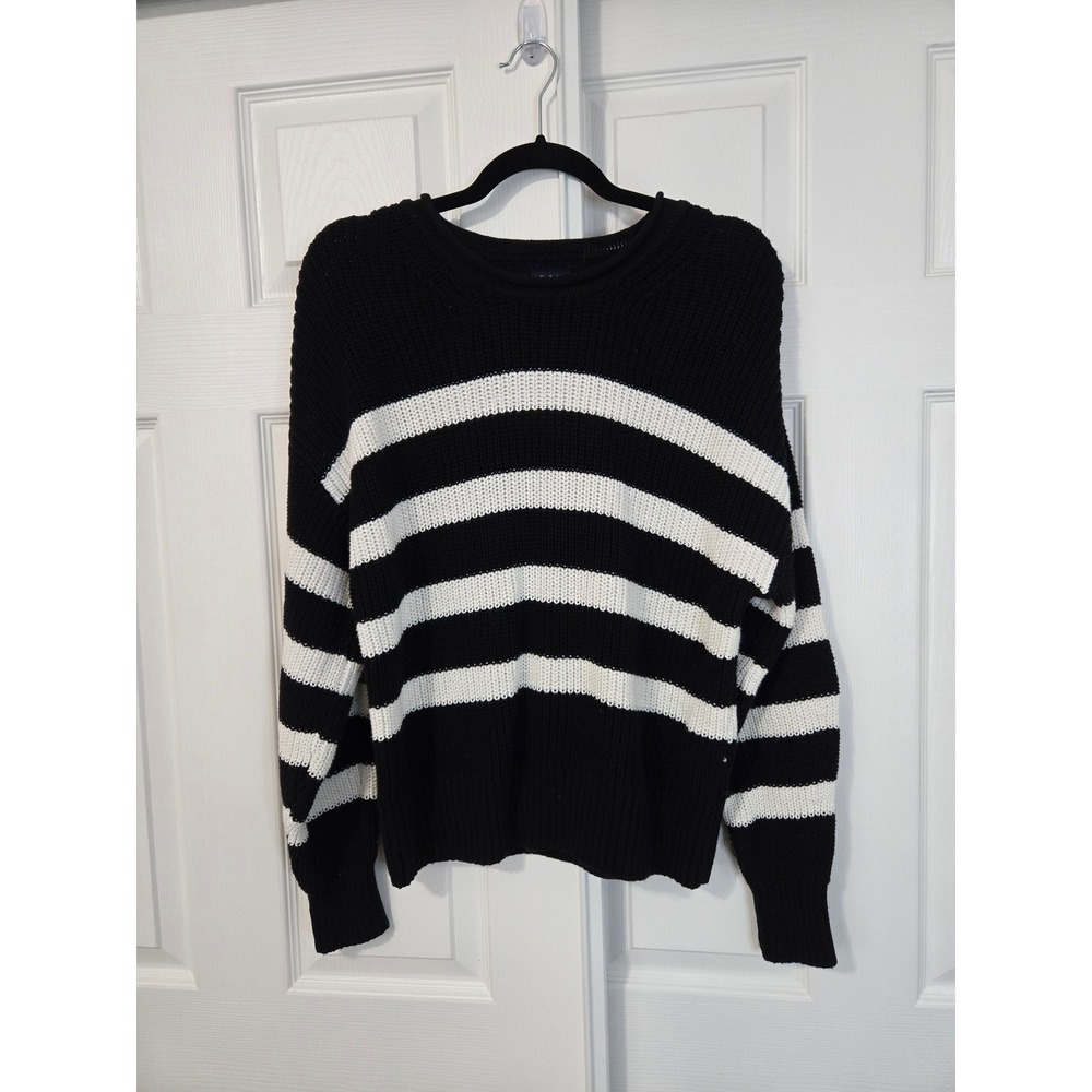 GAP Black White Striped Shaker Stitch Roll Neck Cotton Crewneck Sweater Small